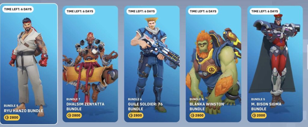 Overwatch 2 x Street Fighter bundles: Ryu, Dhalsim, Guile, Blanka, Sigma with prices.