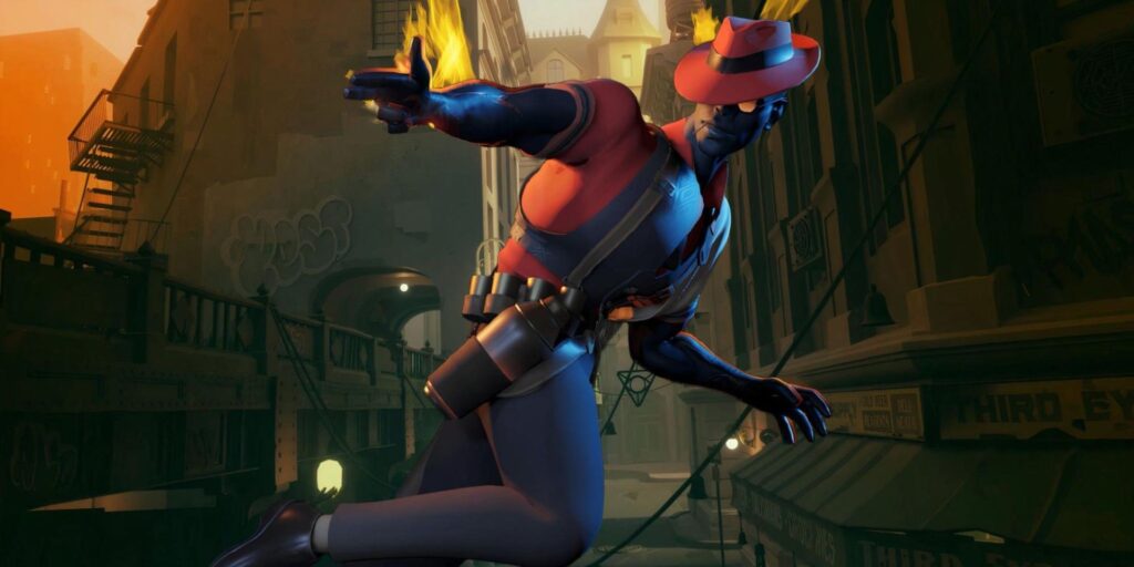 Infernus from Deadlock striking a dynamic pose with flames on his hands in a shadowy alley.