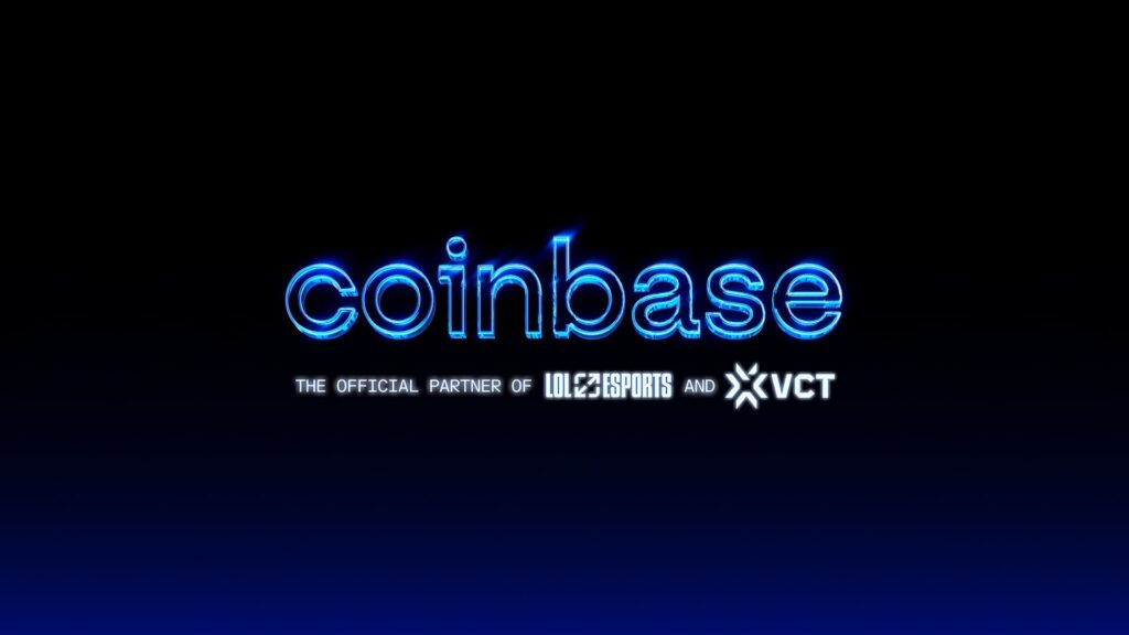 Coinbase logo with glowing blue neon effect, featuring the caption "The official partner of LoL Esports and VCT