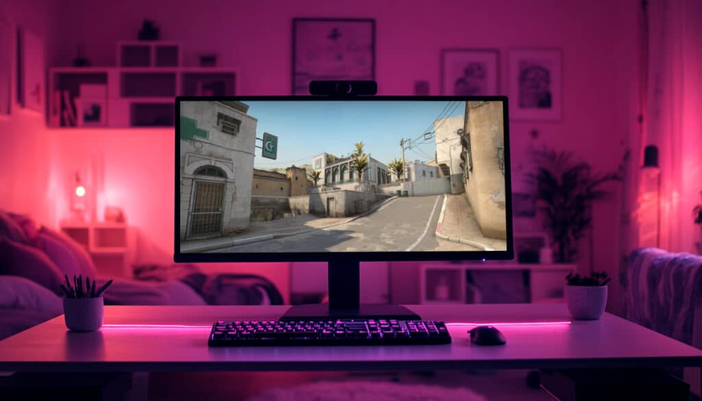 Gaming setup with a widescreen monitor displaying the Dust 2 map from Counter-Strike: Global Offensive, set in a room with pink LED lighting and a keyboard on the desk.