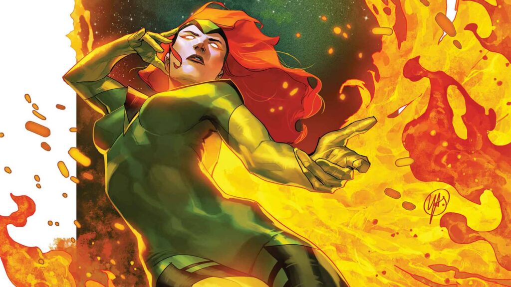 Jean Grey, also known as Phoenix, stands surrounded by blazing flames, her red hair flowing and eyes glowing as she channels her fiery cosmic power.