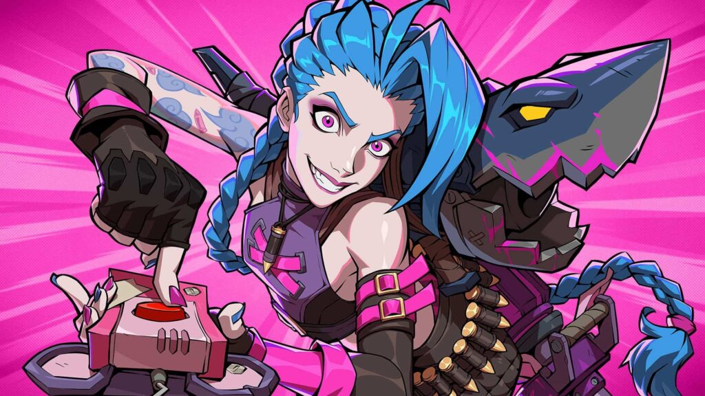 Jinx with blue braids and a manic grin pressing a red button on a detonator, set against a vibrant pink comic-style background in 2XKO.
