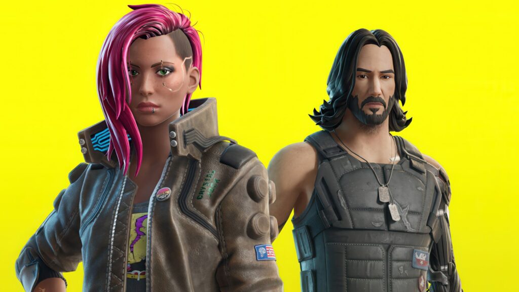 Fortnite skins of V with pink hair and cyberpunk jacket, and Johnny Silverhand wearing a tactical vest with dog tags, both based on characters from Cyberpunk 2077, shown against a yellow background.