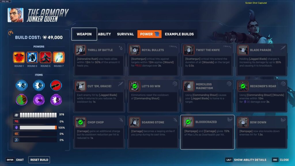 Junker Queen build in Overwatch Stadium 2025 showing selected powers and upgrades focused on Jagged Blade and Carnage abilities.