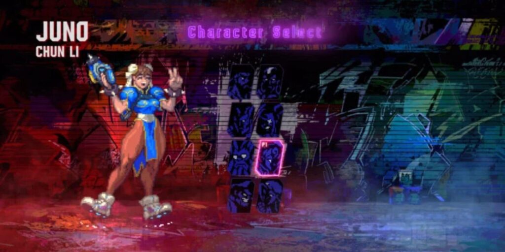 Juno as Chun Li appears on a retro-style pixelated character select screen, posing with a peace sign and holding her weapon in a graffiti-themed background.