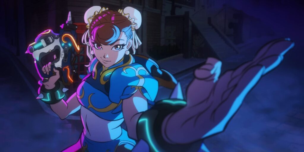 Juno dressed as Chun Li from Street Fighter poses with a glowing weapon on a dark city street, in neon-colored animated style.