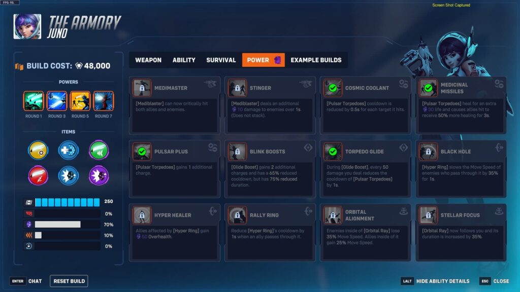 Overwatch 2 Armory screen showing Juno’s power build with selected abilities and support items in Stadium mode