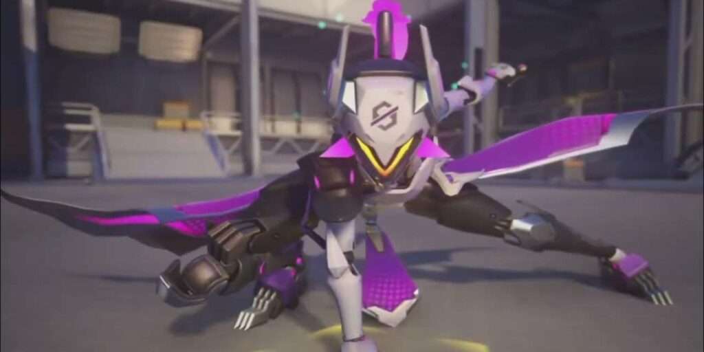 A sleek, futuristic Overwatch character in a purple and black armor poses dynamically, wielding a bow in a high-tech environment.