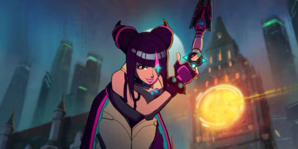 Kiriko in a Street Fighter-themed Juri skin poses confidently with a glowing weapon against a futuristic city backdrop, in animated comic style.