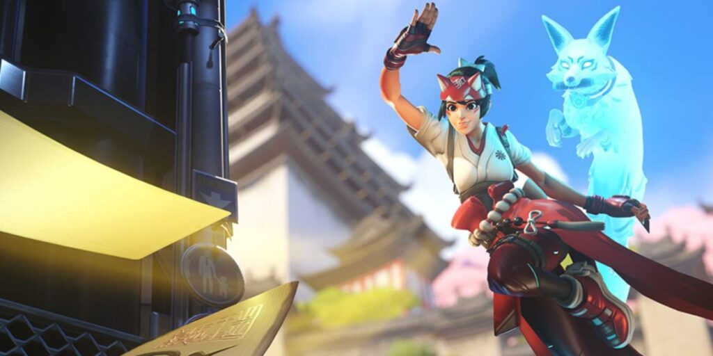 A stylized Overwatch character in a dynamic pose, accompanied by a translucent blue fox spirit, set against an Asian architectural backdrop.