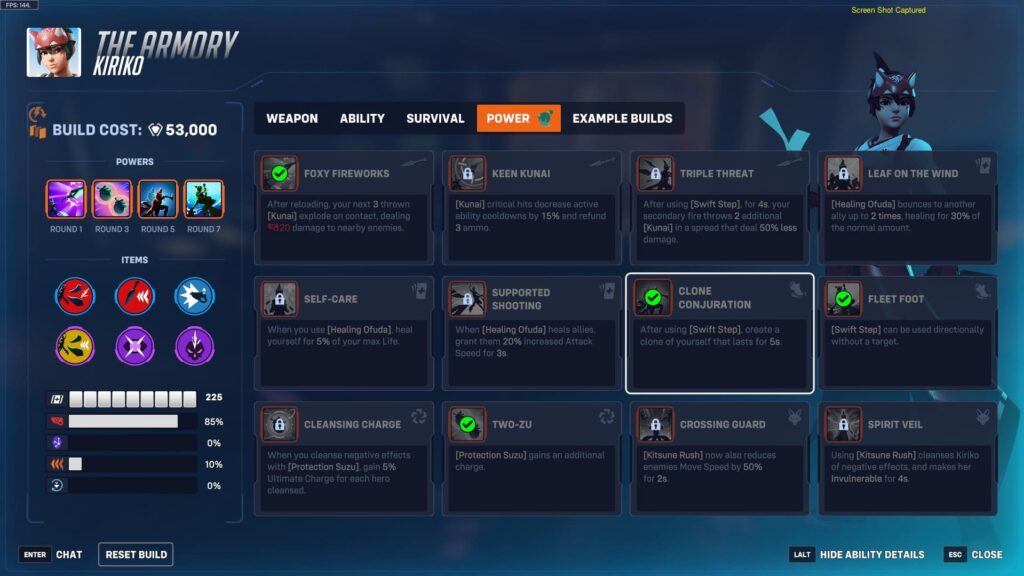 Overwatch 2 Armory screen showing Kiriko’s power build setup, selected abilities, and support items in Stadium mode