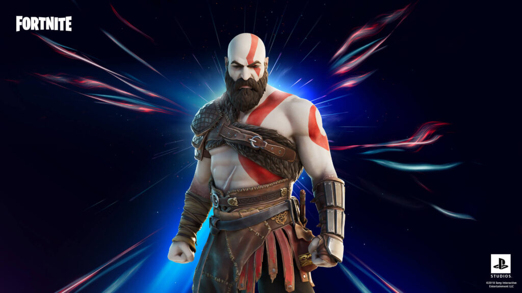Kratos Fortnite skin based on his God of War appearance, shown with red war paint, leather armor, and a glowing blue cosmic background.