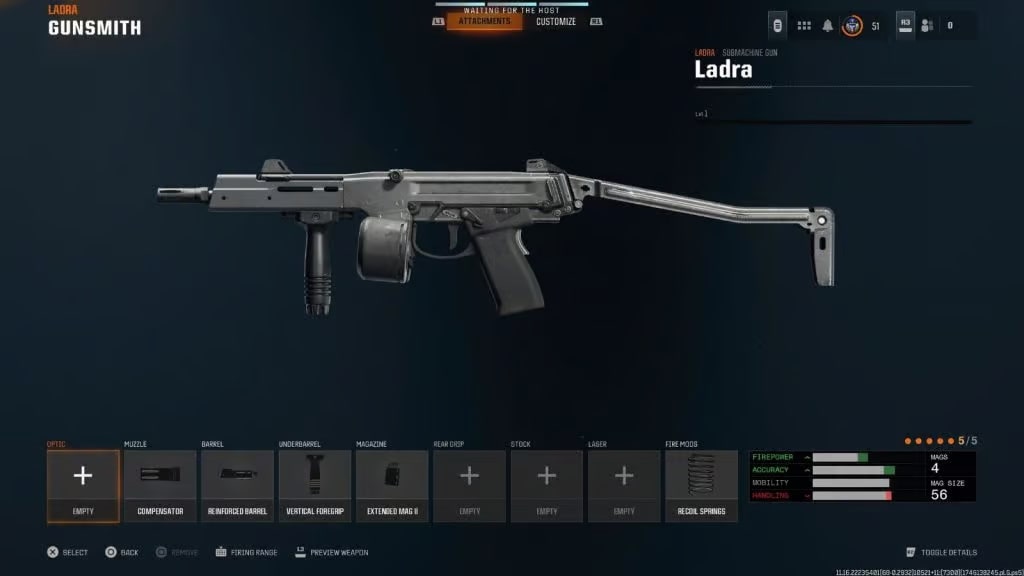 Ladra SMG in Black Ops 6 Gunsmith menu, equipped with custom attachments like Compensator and Extended Mag II, showing high mobility and handling stats.