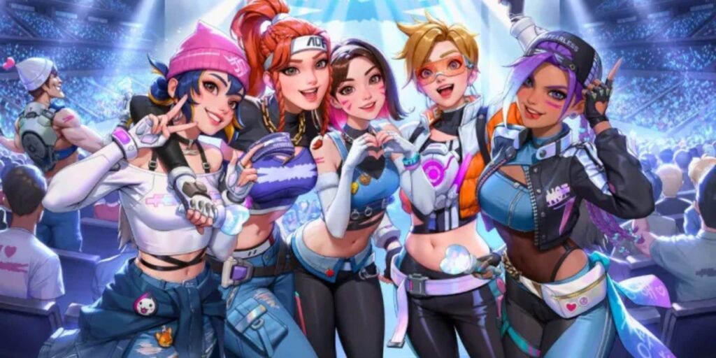 Overwatch 2 heroes styled as K-pop idols during the LE SSERAFIM crossover event.