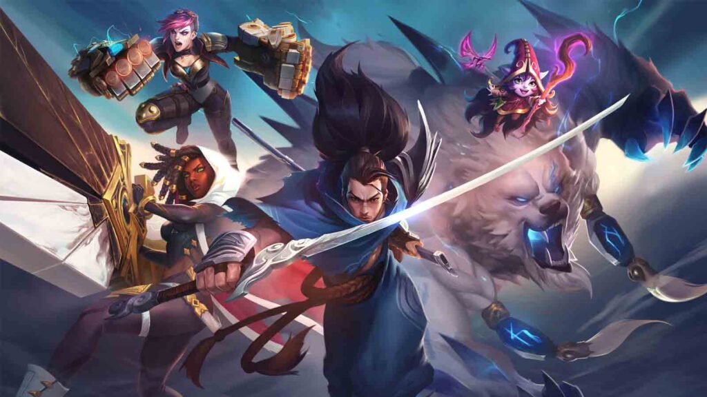 League of Legends champions Yasuo, Vi, and others in dynamic battle poses
