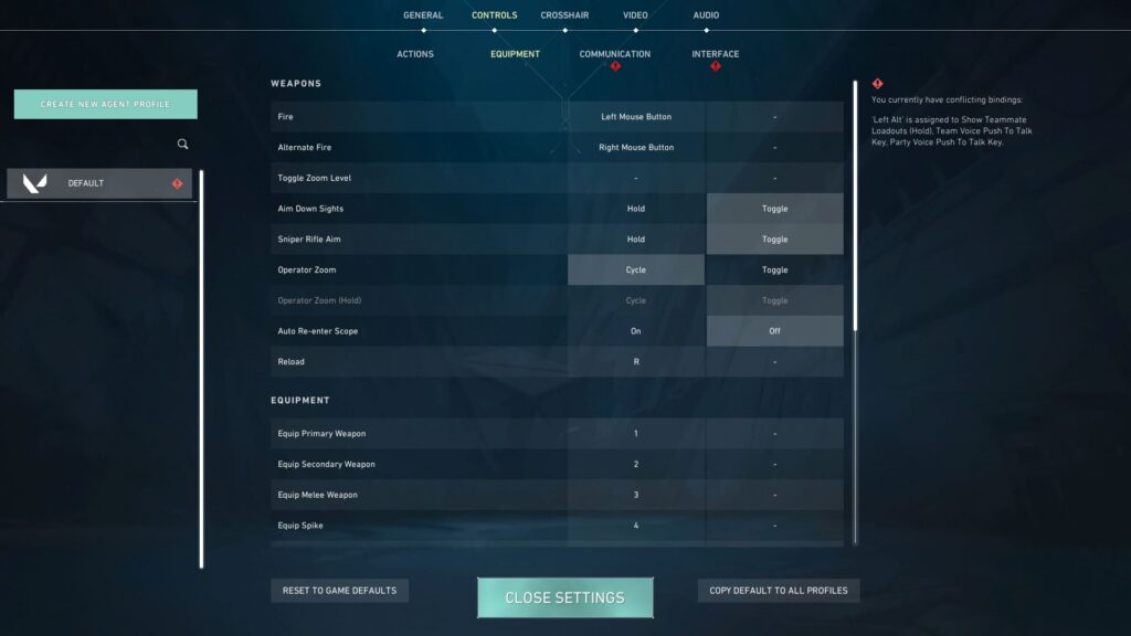 Screenshot of a VALORANT gaming control settings menu, displaying weapon bindings and equipment actions for a first-person shooter.