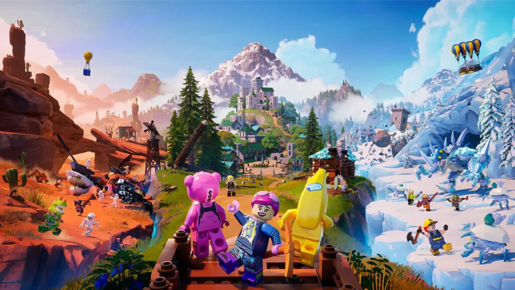Colorful landscape split into desert, forest, and snowy biomes, filled with LEGO Fortnite characters exploring, building, and battling across diverse environments.