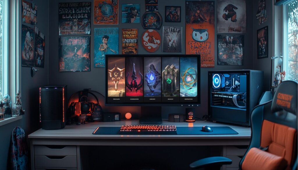 Gaming setup with a glowing PC and monitor displaying League of Legends rune paths — Precision, Domination, Sorcery, Resolve, and Inspiration — in a cozy room decorated with posters.