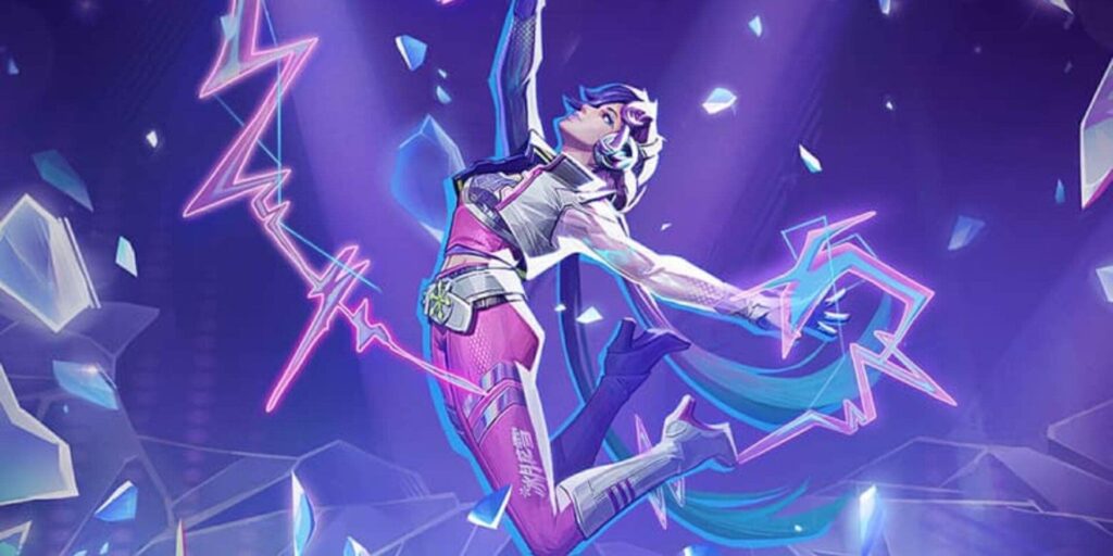 Luna Snow from Marvel Rivals leaping mid-air with glowing ice and energy effects, surrounded by shards of broken glass, in a purple-lit environment.