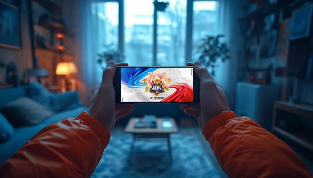 Person holding a smartphone in a cozy living room, watching the MPL Philippines Season 15 logo screen, with red and blue swirls representing the playoffs.