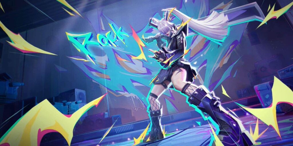 Stylized image of Magik from Marvel Rivals striking a rock pose with glowing energy effects in a neon-lit room.