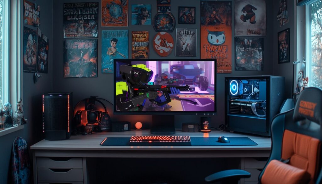 A modern gaming setup with a central monitor displaying gameplay footage from Bungie’s Marathon, surrounded by fan art and posters