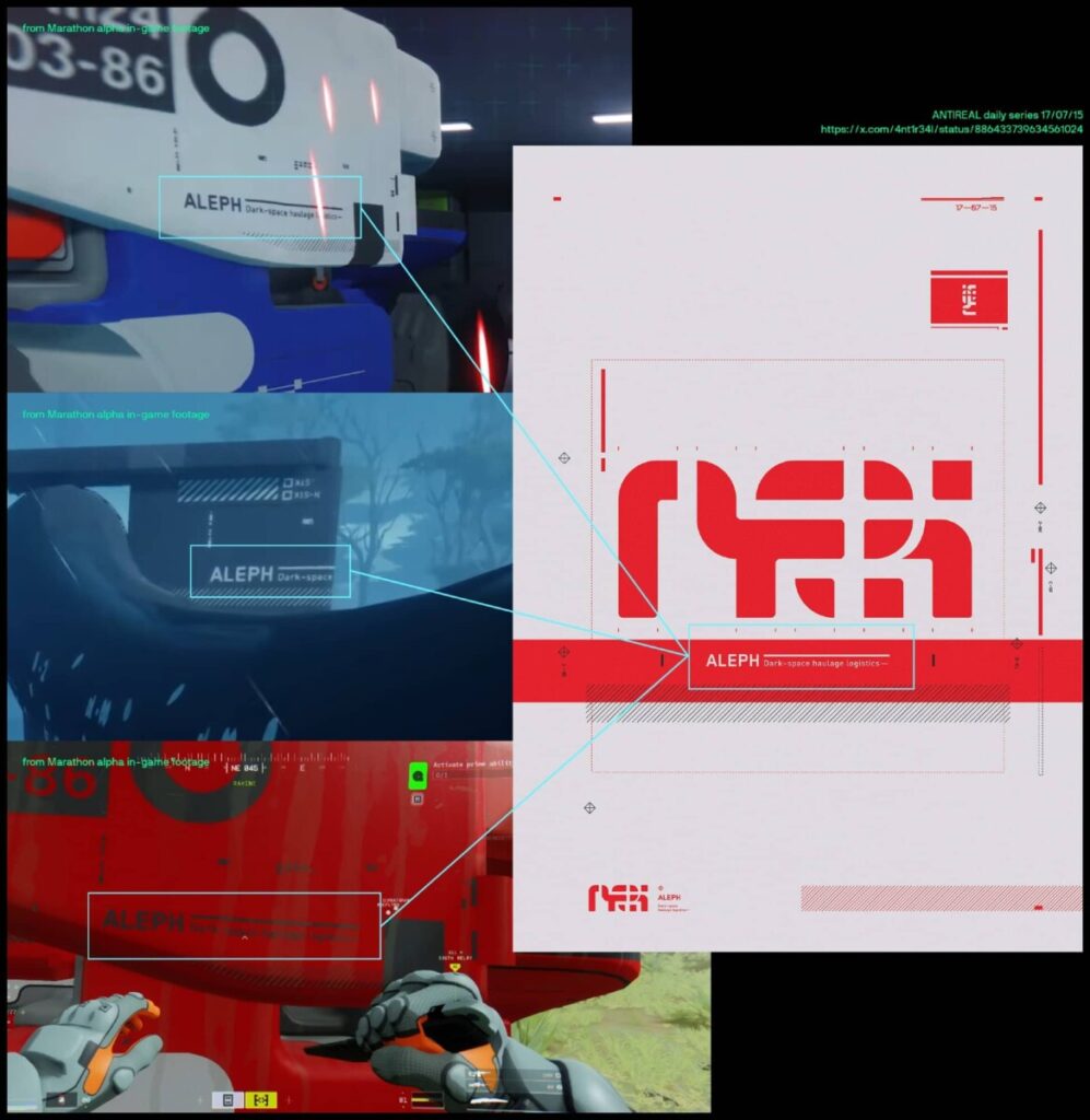 Comparison of in-game assets from Bungie's Marathon alpha with a 2017 design by artist ANTIREAL, highlighting the reused 'ALEPH dark-space haulage logistics' graphic and its identical layout and typography.