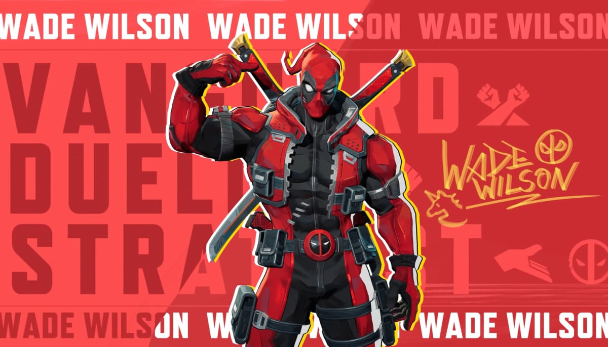 Deadpool stands confidently with two swords on his back. Bold text saying “Wade Wilson” repeats in the background, exuding a dynamic and action-packed vibe