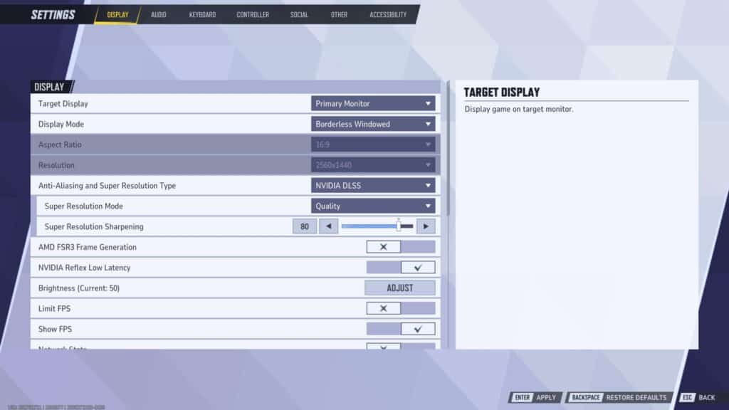 Marvel Rivals display settings menu showing resolution, DLSS options, and FPS settings.