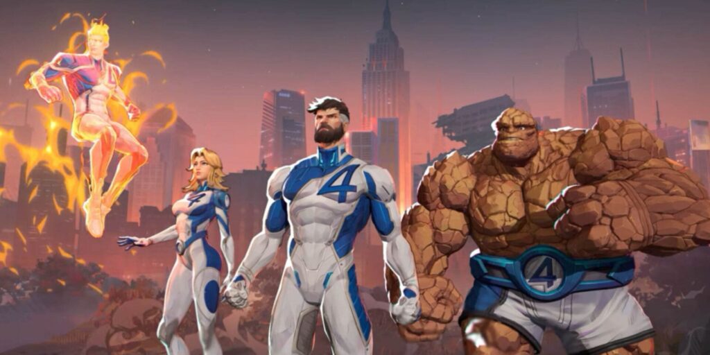 Illustration of the Fantastic Four — Human Torch, Invisible Woman, Mister Fantastic, and The Thing — standing together in front of a city skyline at dusk, in a stylized Marvel Rivals design.
