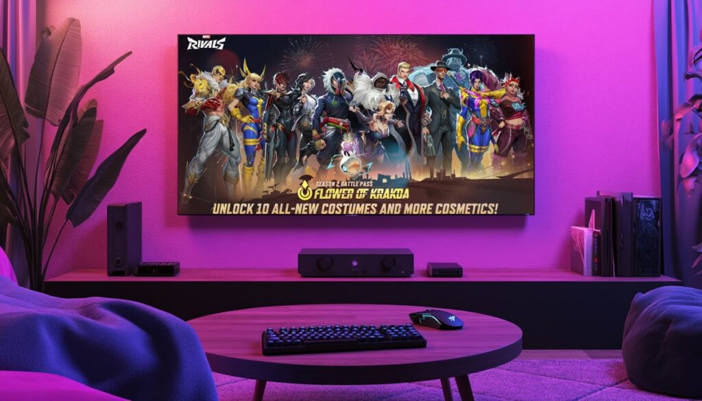 Marvel Rivals Flower of Krakoa battle pass characters displayed on a large screen in a gaming room setup