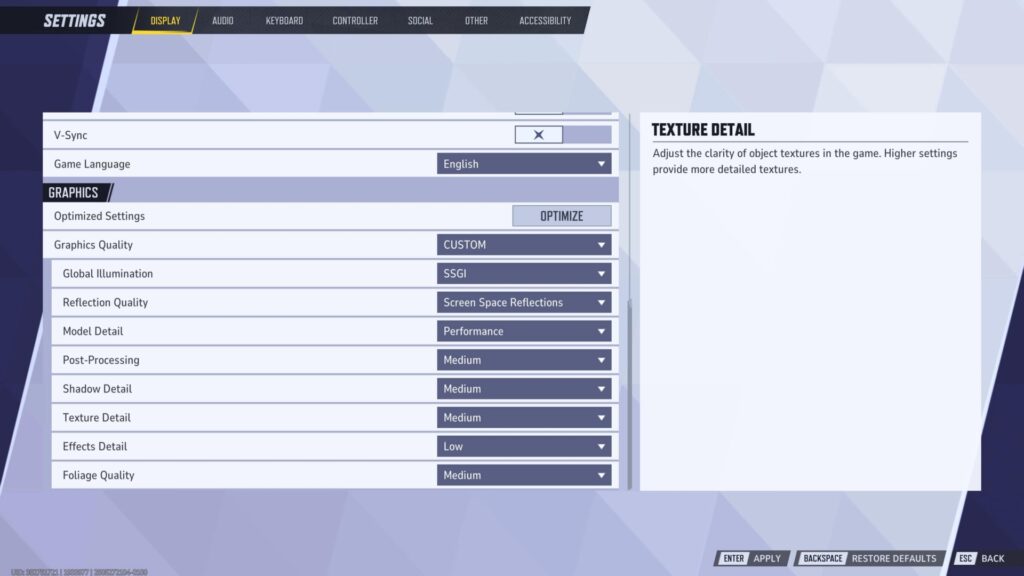 Marvel Rivals graphics settings menu showing custom quality options for shadows, textures, effects, and foliage.