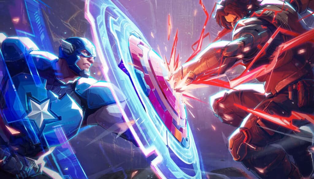 Two armored Marvel Rivals characters engage in an intense battle, clashing shield and weapon, surrounded by vibrant energy and dramatic lighting.
