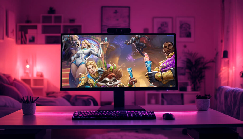 A gaming setup with a colorful screen displaying Marvel Rivals characters, illuminated by soft pink ambient lighting in a cozy room.