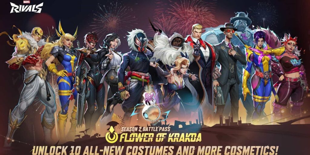 Lineup of Marvel Rivals characters in their Flower of Krakoa battle pass costumes, including Spider-Man, Emma Frost, Magik, and others, standing in front of fireworks with the text "Season 2 Battle Pass: Flower of Krakoa" below.