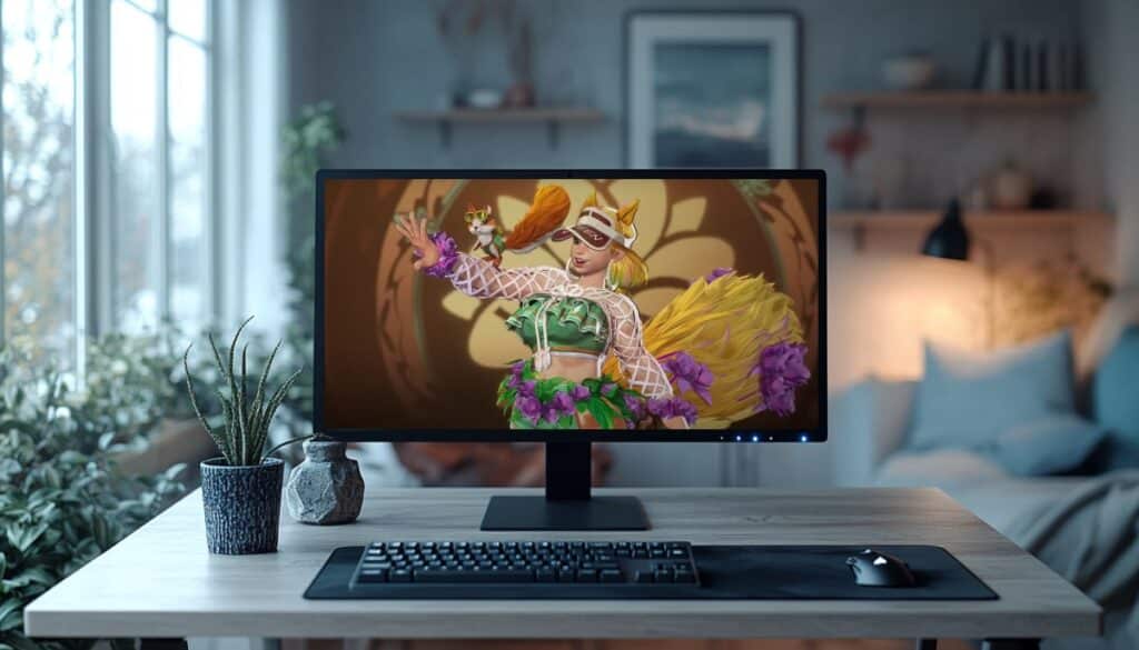 Squirrel Girl’s controversial Sunshine Squirrel skin from Marvel Rivals displayed on a computer monitor in a home setup, highlighting the visual changes that sparked online debate.