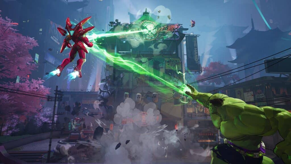 Hulk and Iron Man clash in Marvel Rivals, unleashing powerful energy attacks in a vibrant, destructible city environment.
