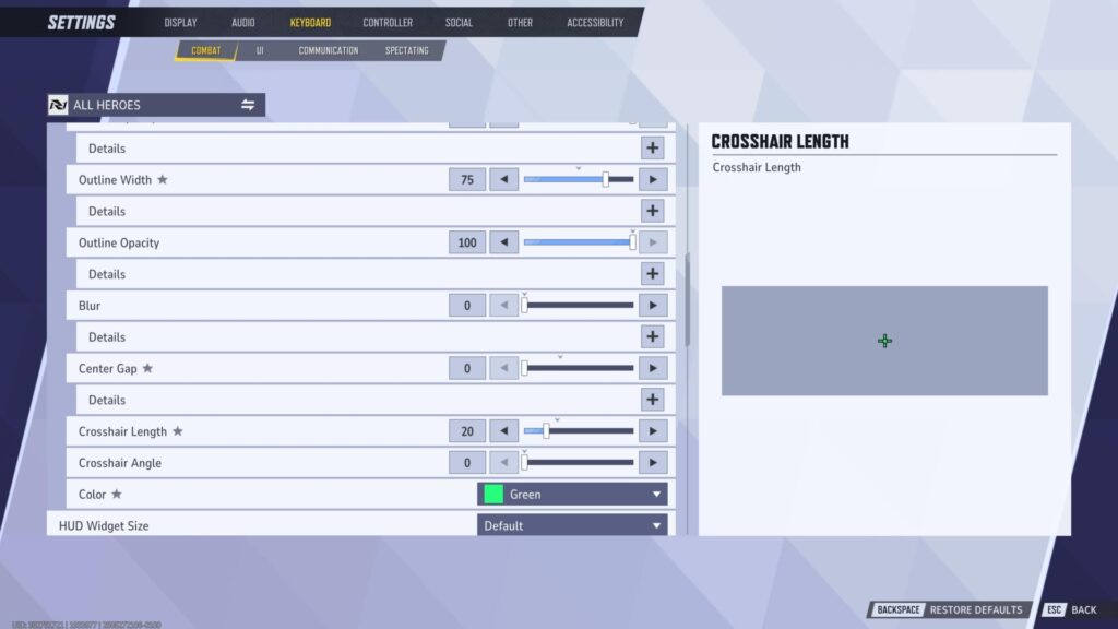 Marvel Rivals crosshair customization settings with adjustable length, color, opacity, and gap options.