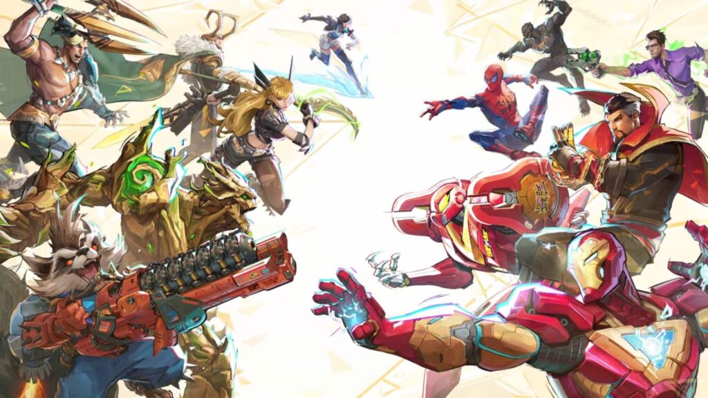Comic-style battle scene from Marvel Rivals with heroes like Groot, Rocket, and Loki facing Iron Man, Spider-Man, and Doctor Strange across a glowing rift.