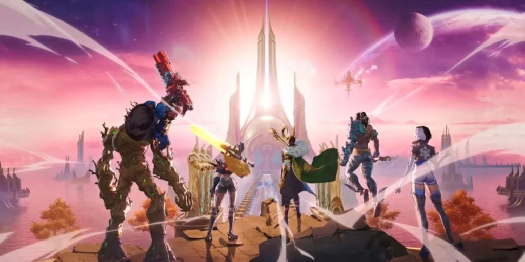 Stylized artwork of Marvel Rivals heroes, including Groot, Rocket Raccoon, Loki, and others, standing on a cliff facing a glowing palace on an alien world under a purple-pink sky.