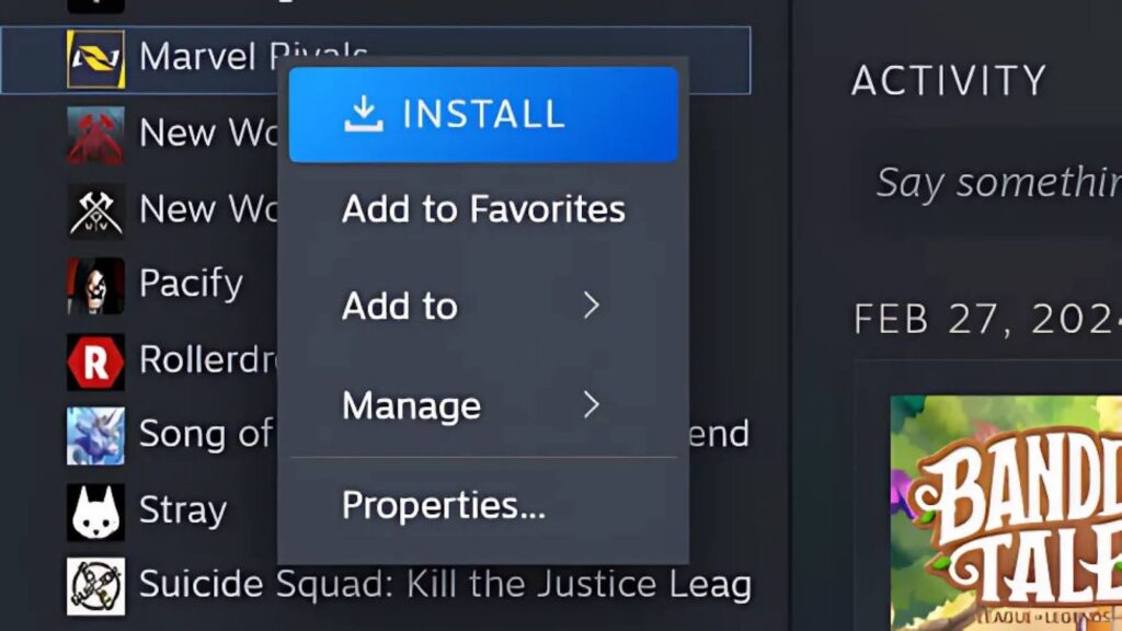 Screenshot showing the installation menu for Marvel Rivals in a game launcher interface, with the “Install” button highlighted and options like Add to Favorites, Manage, and Properties visible.