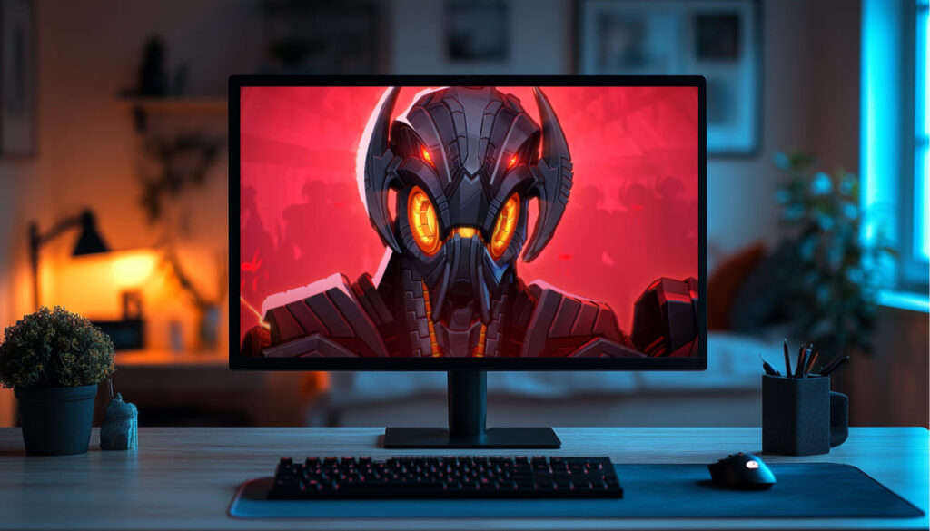 A dark-themed workspace featuring a monitor displaying a Marvel Rivals character with glowing orange eyes against a red background.