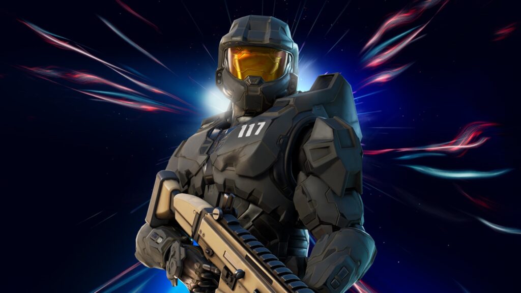 Master Chief skin in Fortnite, wearing dark green Spartan armor with a gold visor and holding an assault rifle, set against a cosmic background.
