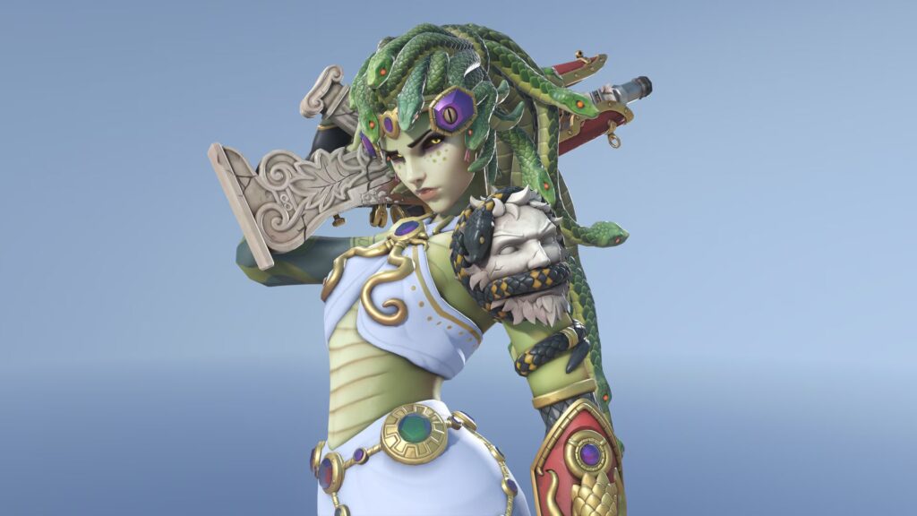 Widowmaker in her Medusa skin from Overwatch, featuring green snake-like hair, glowing yellow eyes, ornate armor with serpent motifs, and a stone-themed sniper rifle, set against a neutral blue background.