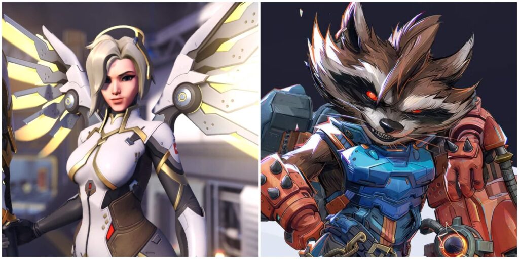 Mercy from Overwatch 2 and Rocket Raccoon from Marvel Rivals side by side.