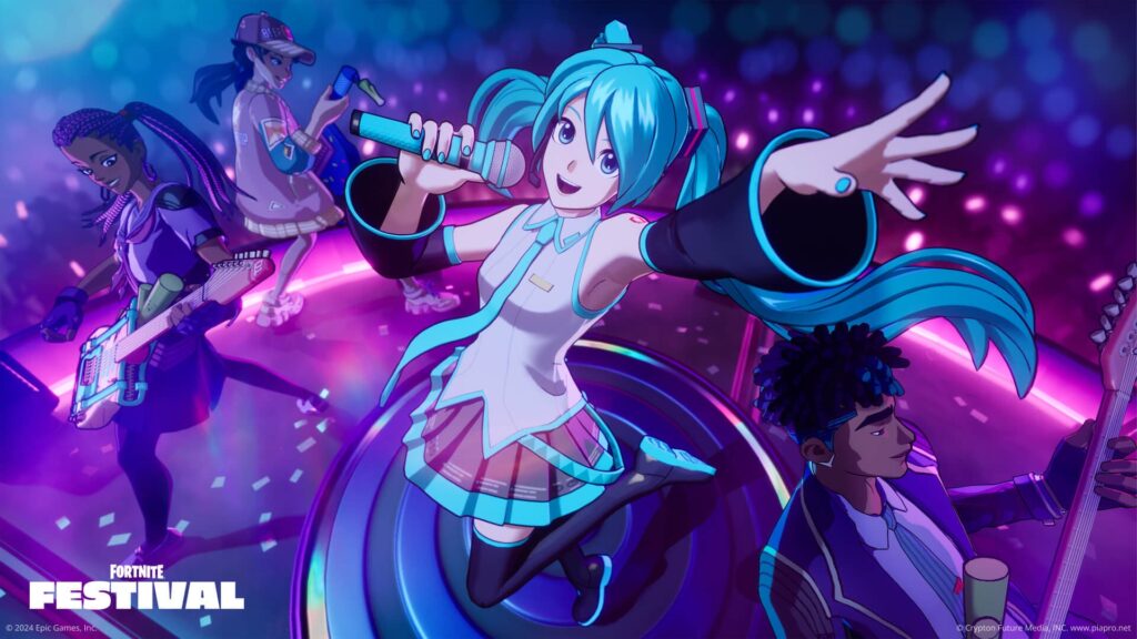 Hatsune Miku Fortnite skin performing on stage with a microphone, surrounded by other animated characters playing musical instruments, in a vibrant concert setting for Fortnite Festival.
