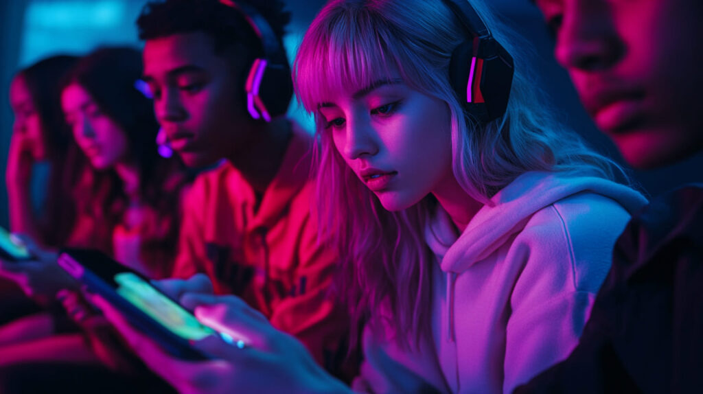 A group of mobile esports gamers wearing headphones, engaged with mobile games, illuminated by vibrant blue and purple lights.
