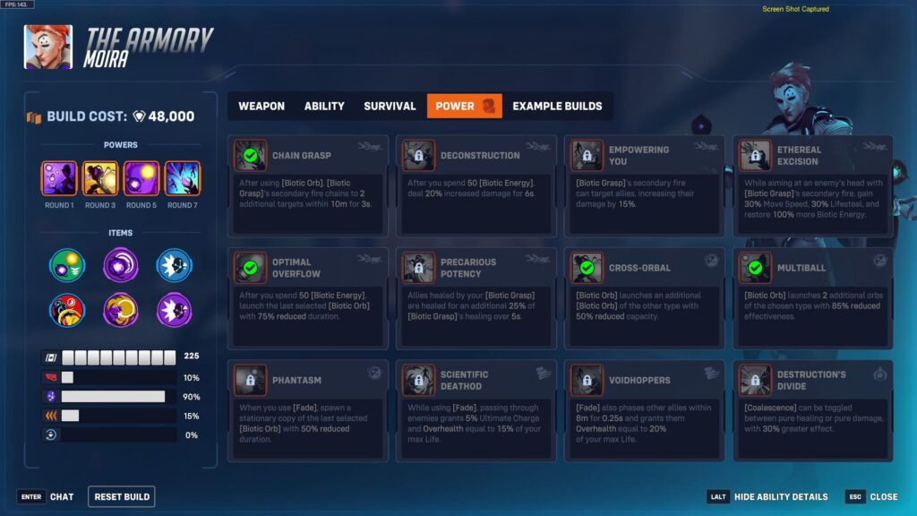 Overwatch 2 Armory screen showing Moira’s power build with selected abilities and items for Stadium mode