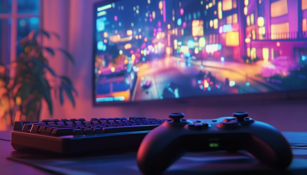 A gaming setup with a mechanical keyboard and Xbox controller in the foreground, with a large blurred screen in the background showing a vibrant, neon-lit cityscape resembling a scene from a video game.