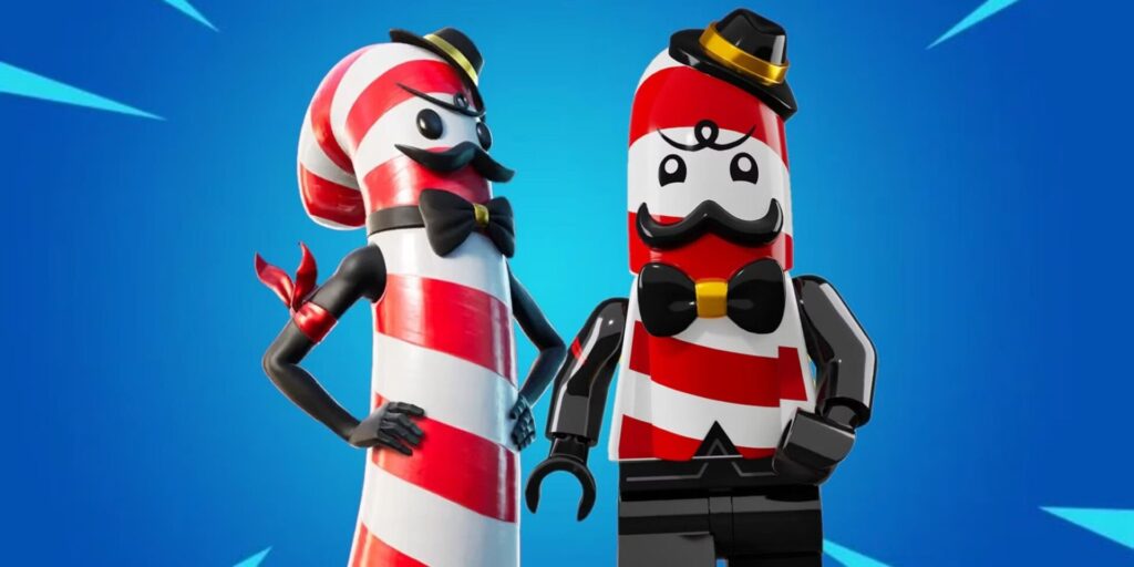 Mr. Dappermint Fortnite skin and its LEGO Fortnite version standing side by side, both designed as candy canes with red and white stripes, black mustaches, bowties, and top hats, on a bright blue background.